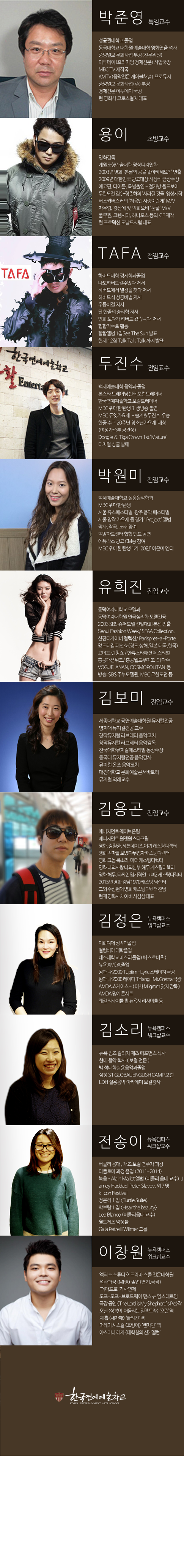 박준영 특임교수, 용이 초빙교수, 타파(TAFA) 전임교수, 두진수 전임교수, 박원미 전임교수, 유희진 전임교수,김용곤 전임교수, 김정은 뉴욕캠퍼스 워크샵교수,  김소리 뉴욕캠퍼스 워크샵 교수,전송이 뉴욕캠퍼스 워크샵 교수, 이창원 뉴욕캠퍼스 워크샵교수